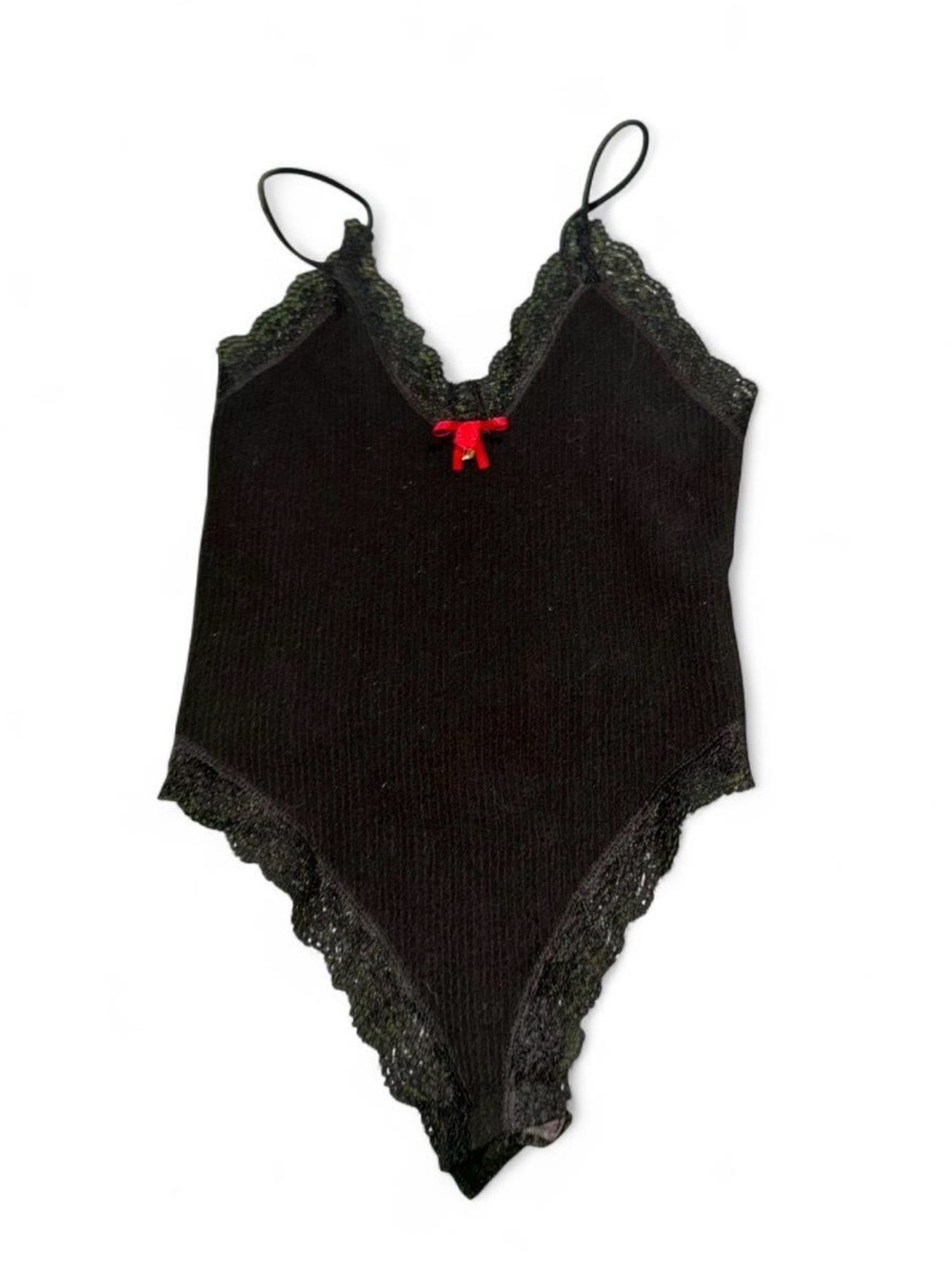 Urban Outfitters Black Lace-Trim Bodysuit with Red Bow Accent